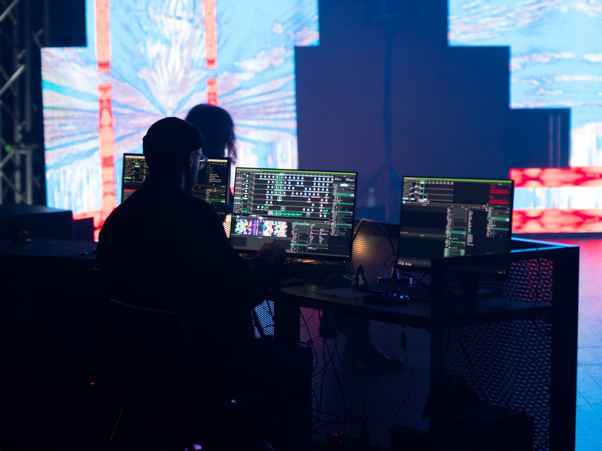 LED production control position overlooking a live display environment